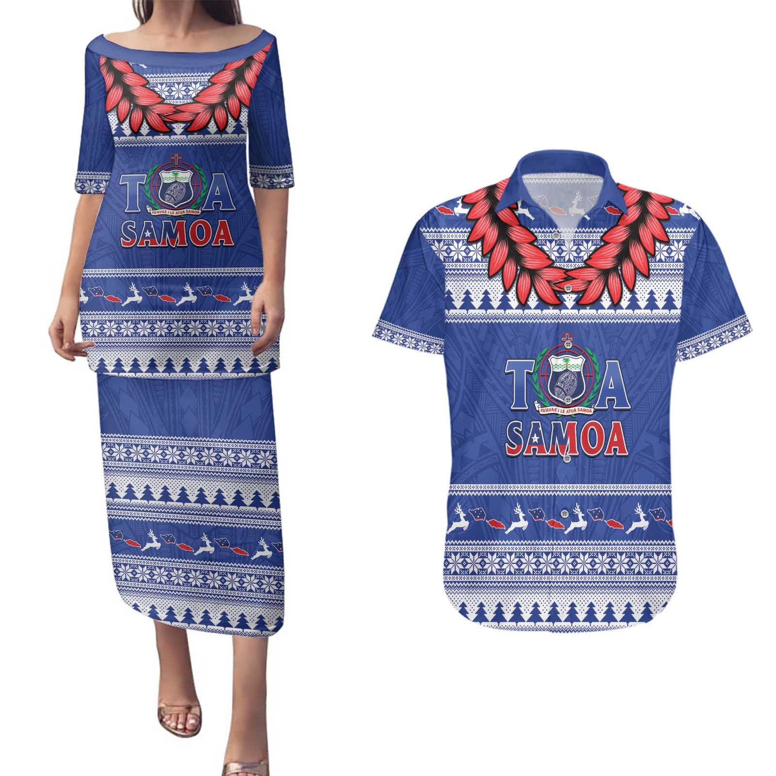 Personalised Toa Samoa Rugby Christmas Couples Matching Puletasi and Hawaiian Shirt Ula Fala Samoan Pattern Blue - Polynesian Pride
