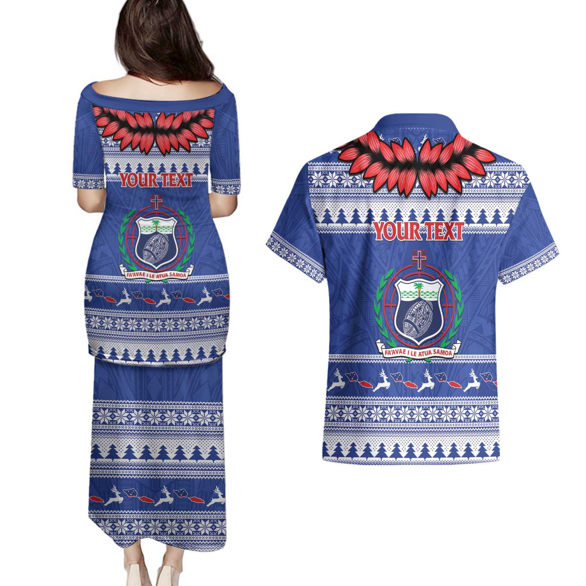 Personalised Toa Samoa Rugby Christmas Couples Matching Puletasi and Hawaiian Shirt Ula Fala Samoan Pattern Blue - Polynesian Pride