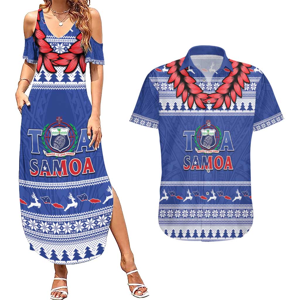 Personalised Toa Samoa Rugby Christmas Couples Matching Summer Maxi Dress and Hawaiian Shirt Ula Fala Samoan Pattern Blue - Polynesian Pride