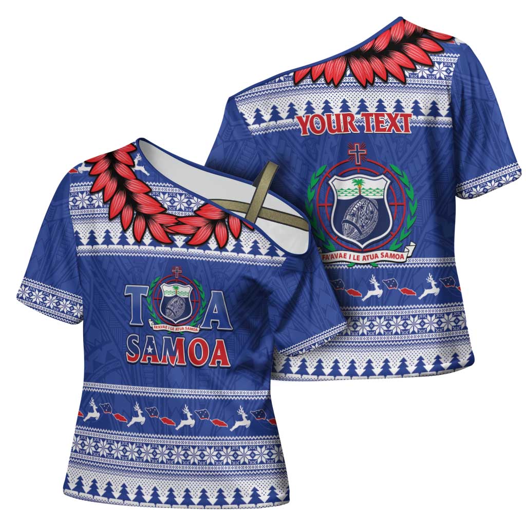 Personalised Toa Samoa Rugby Christmas Cross Shoulder Shirt Ula Fala Samoan Pattern Blue - Polynesian Pride