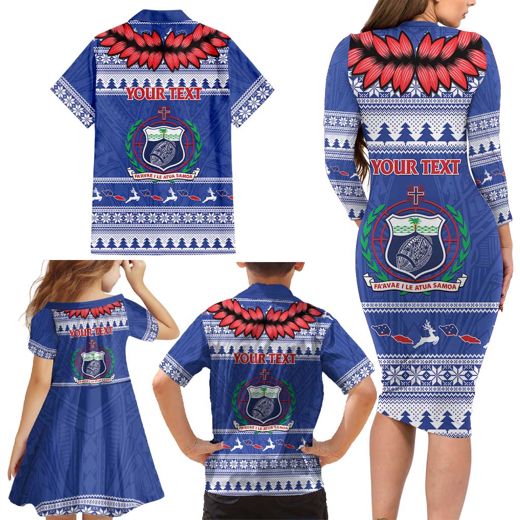 Personalised Toa Samoa Rugby Christmas Family Matching Long Sleeve Bodycon Dress and Hawaiian Shirt Ula Fala Samoan Pattern Blue - Polynesian Pride