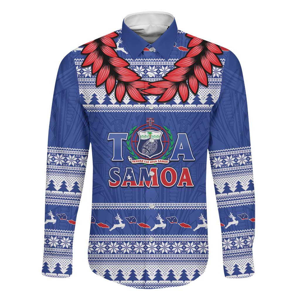 Personalised Toa Samoa Rugby Christmas Family Matching Long Sleeve Bodycon Dress and Hawaiian Shirt Ula Fala Samoan Pattern Blue - Polynesian Pride