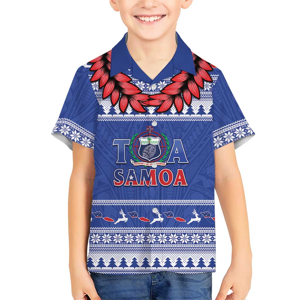 Personalised Toa Samoa Rugby Christmas Family Matching Long Sleeve Bodycon Dress and Hawaiian Shirt Ula Fala Samoan Pattern Blue - Polynesian Pride