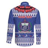 Personalised Toa Samoa Rugby Christmas Family Matching Off The Shoulder Long Sleeve Dress and Hawaiian Shirt Ula Fala Samoan Pattern Blue - Polynesian Pride