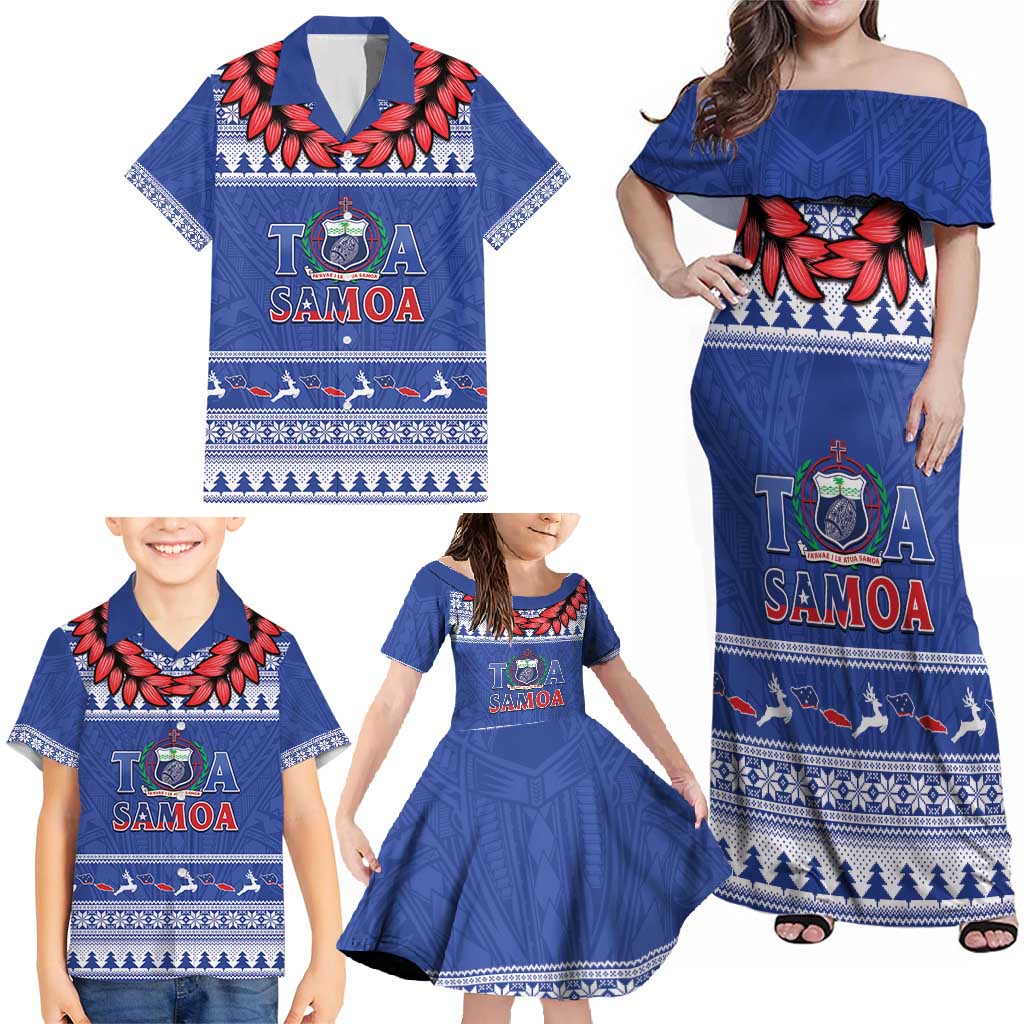 Personalised Toa Samoa Rugby Christmas Family Matching Off Shoulder Maxi Dress and Hawaiian Shirt Ula Fala Samoan Pattern Blue - Polynesian Pride