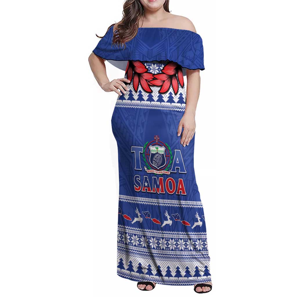 Personalised Toa Samoa Rugby Christmas Family Matching Off Shoulder Maxi Dress and Hawaiian Shirt Ula Fala Samoan Pattern Blue - Polynesian Pride
