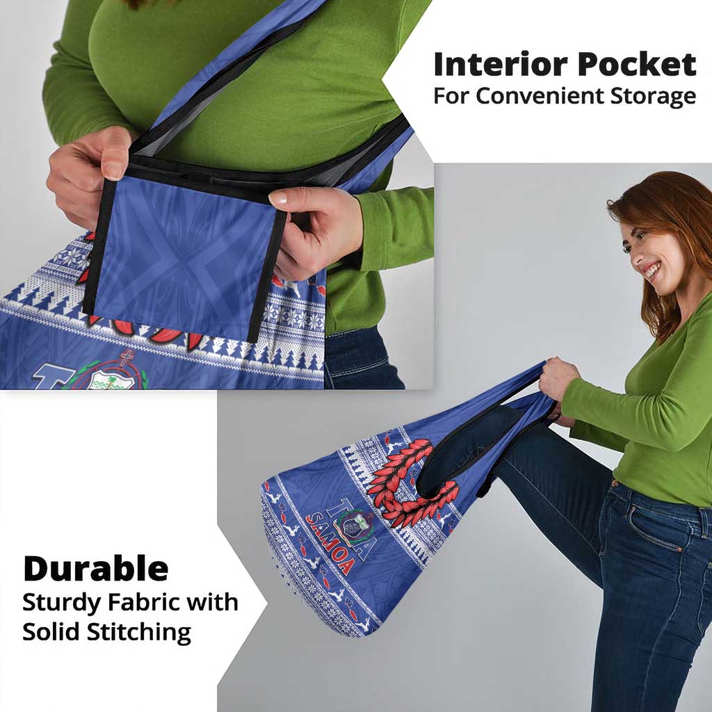 Toa Samoa Rugby Christmas Grocery Bag Ula Fala Samoan Pattern Blue - Polynesian Pride