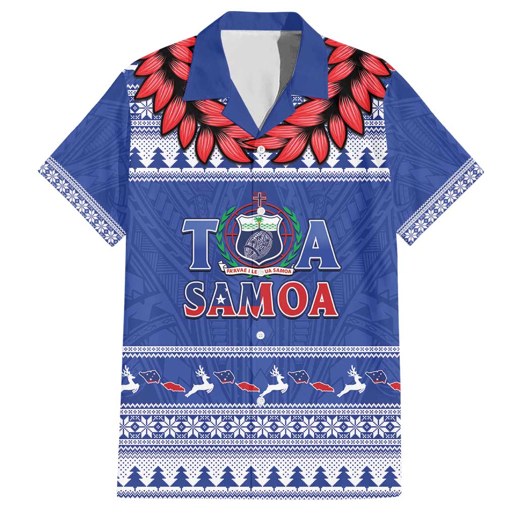 Personalised Toa Samoa Rugby Christmas Hawaiian Shirt Ula Fala Samoan Pattern Blue - Polynesian Pride