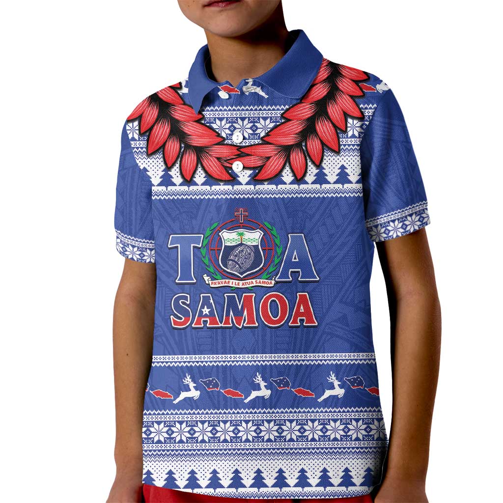 Personalised Toa Samoa Rugby Christmas Kid Polo Shirt Ula Fala Samoan Pattern Blue - Polynesian Pride