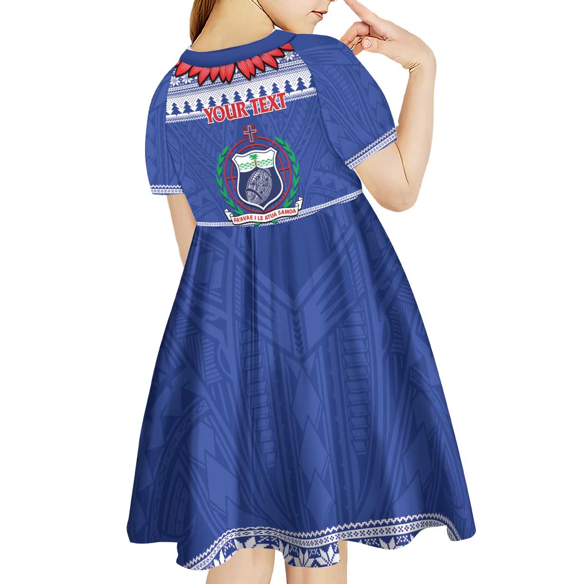 Personalised Toa Samoa Rugby Christmas Kid Short Sleeve Dress Ula Fala Samoan Pattern Blue - Polynesian Pride