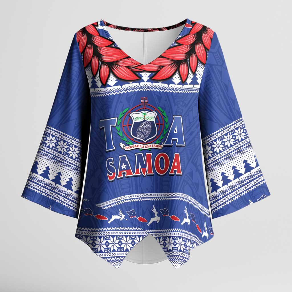 Personalised Toa Samoa Rugby Christmas Kimono Sleeve Blouse Ula Fala Samoan Pattern Blue - Polynesian Pride