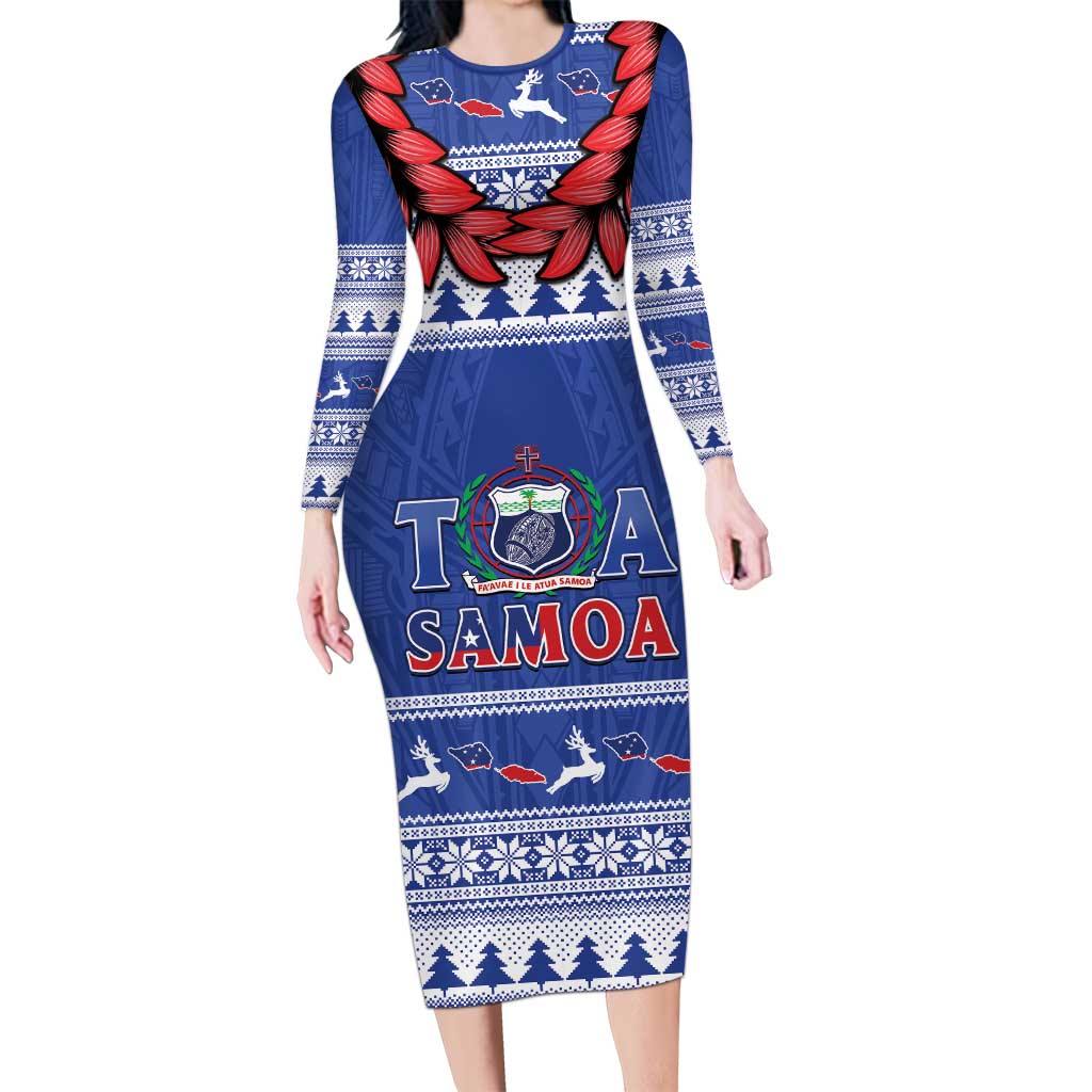 Personalised Toa Samoa Rugby Christmas Long Sleeve Bodycon Dress Ula Fala Samoan Pattern Blue - Polynesian Pride