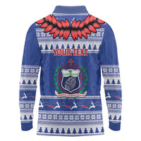 Personalised Toa Samoa Rugby Christmas Long Sleeve Polo Shirt Ula Fala Samoan Pattern Blue - Polynesian Pride