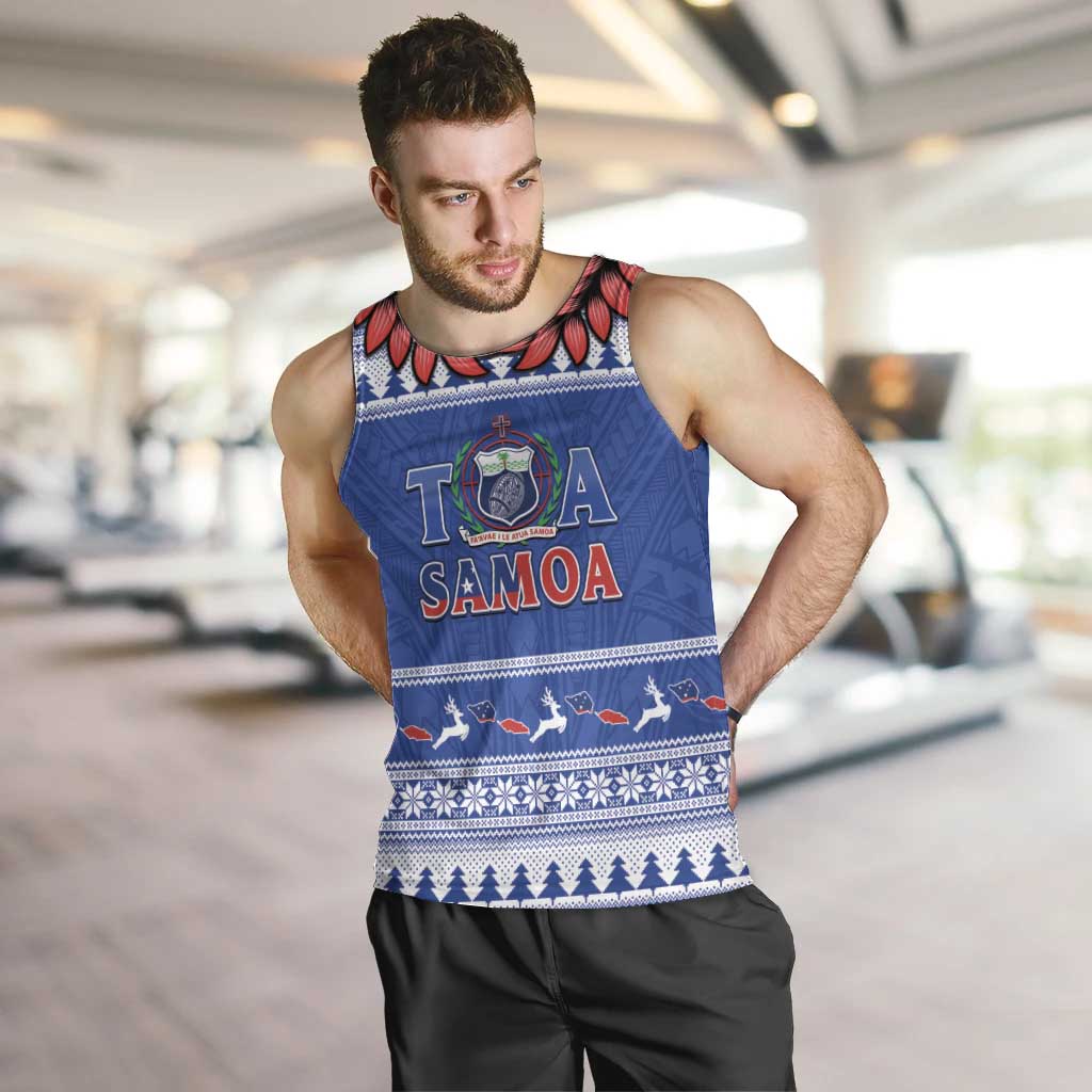 Personalised Toa Samoa Rugby Christmas Men Tank Top Ula Fala Samoan Pattern Blue - Polynesian Pride