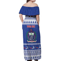 Personalised Toa Samoa Rugby Christmas Off Shoulder Maxi Dress Ula Fala Samoan Pattern Blue - Polynesian Pride