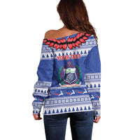 Personalised Toa Samoa Rugby Christmas Off Shoulder Sweater Ula Fala Samoan Pattern Blue - Polynesian Pride