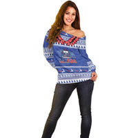 Personalised Toa Samoa Rugby Christmas Off Shoulder Sweater Ula Fala Samoan Pattern Blue - Polynesian Pride