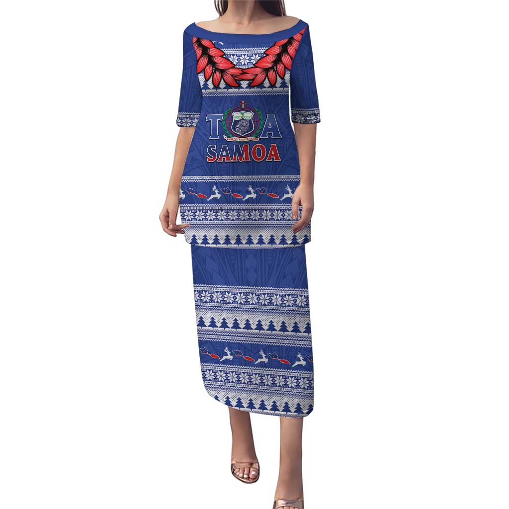 Personalised Toa Samoa Rugby Christmas Puletasi Ula Fala Samoan Pattern Blue - Polynesian Pride