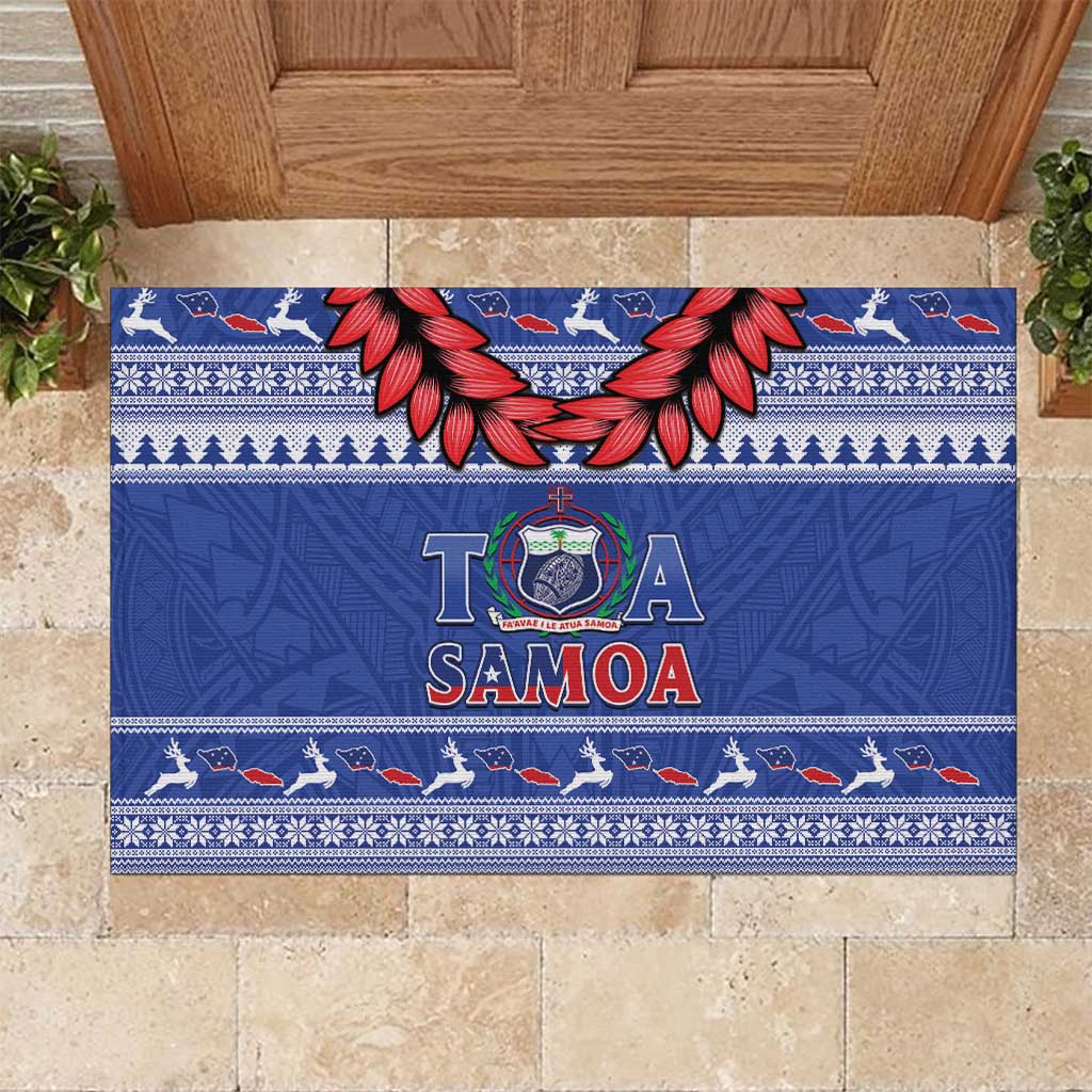 Toa Samoa Rugby Christmas Rubber Doormat Ula Fala Samoan Pattern Blue - Polynesian Pride