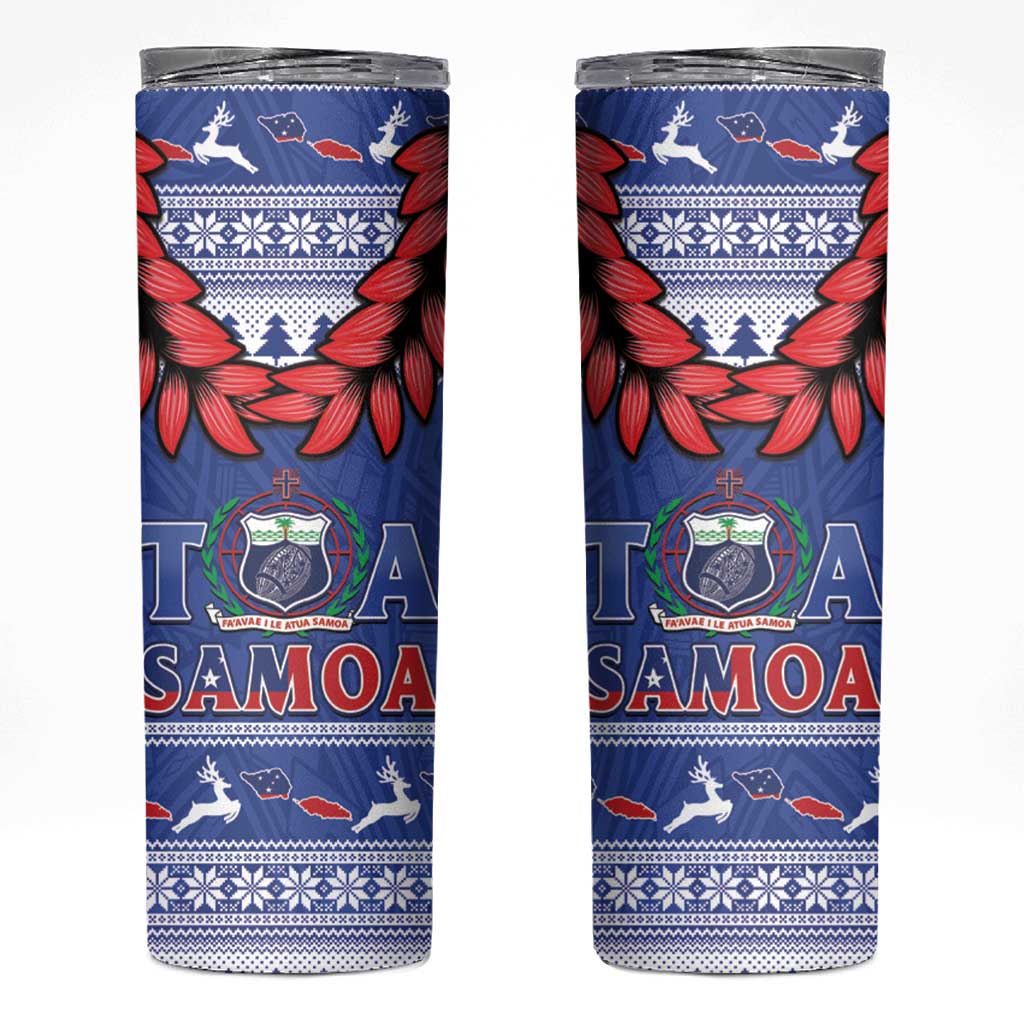 Toa Samoa Rugby Christmas Skinny Tumbler Ula Fala Samoan Pattern Blue - Polynesian Pride
