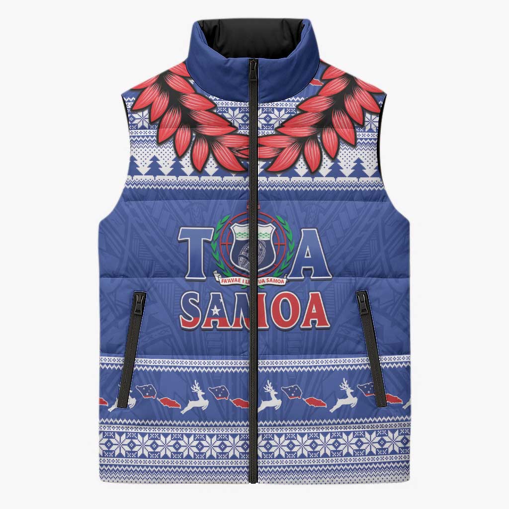 Personalised Toa Samoa Rugby Christmas Sleeveless Puffer Jacket Ula Fala Samoan Pattern Blue - Polynesian Pride