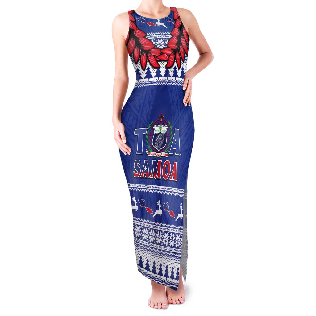 Personalised Toa Samoa Rugby Christmas Tank Maxi Dress Ula Fala Samoan Pattern Blue - Polynesian Pride