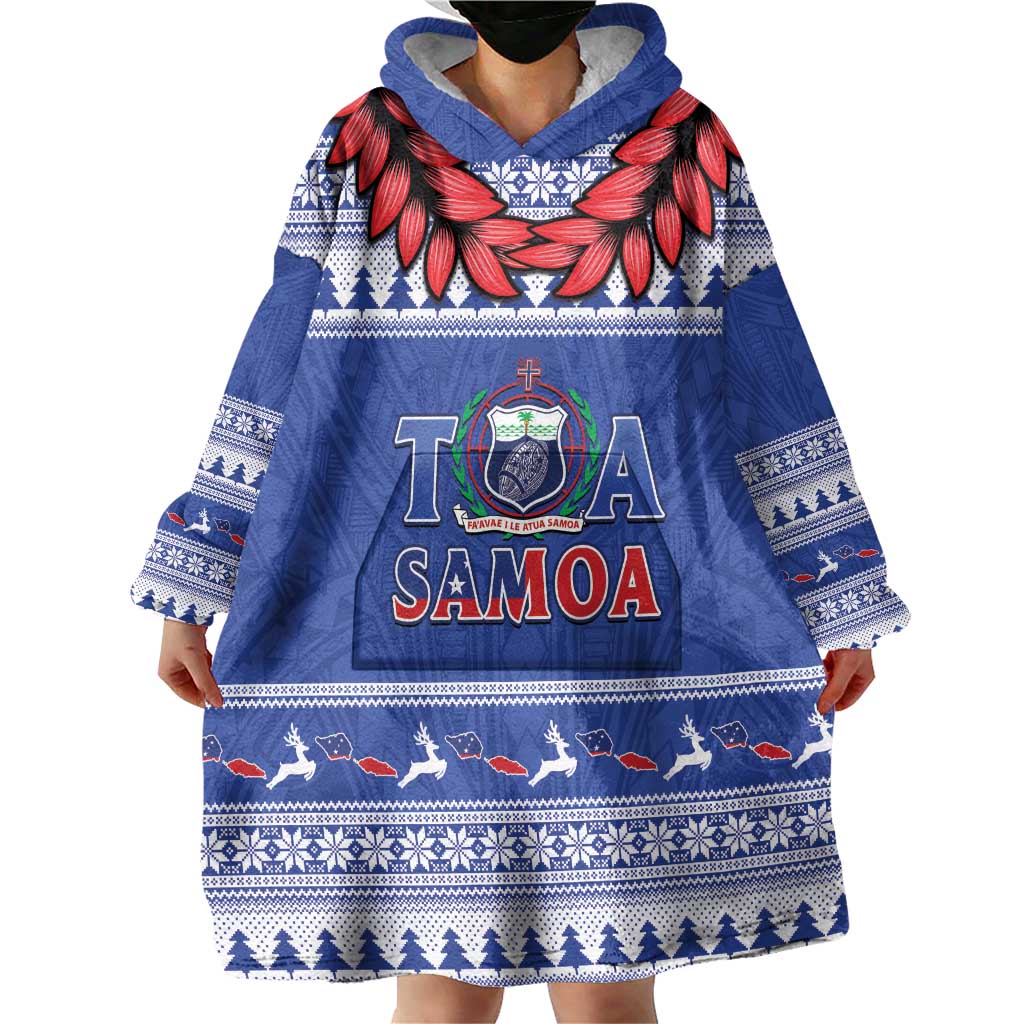 Personalised Toa Samoa Rugby Christmas Wearable Blanket Hoodie Ula Fala Samoan Pattern Blue - Polynesian Pride