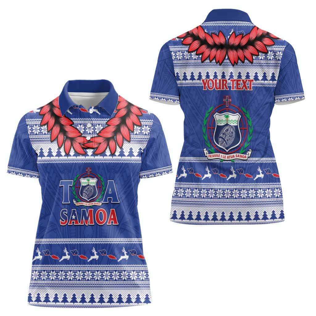 Personalised Toa Samoa Rugby Christmas Women Polo Shirt Ula Fala Samoan Pattern Blue - Polynesian Pride