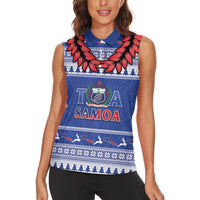 Personalised Toa Samoa Rugby Christmas Women Sleeveless Polo Shirt Ula Fala Samoan Pattern Blue - Polynesian Pride