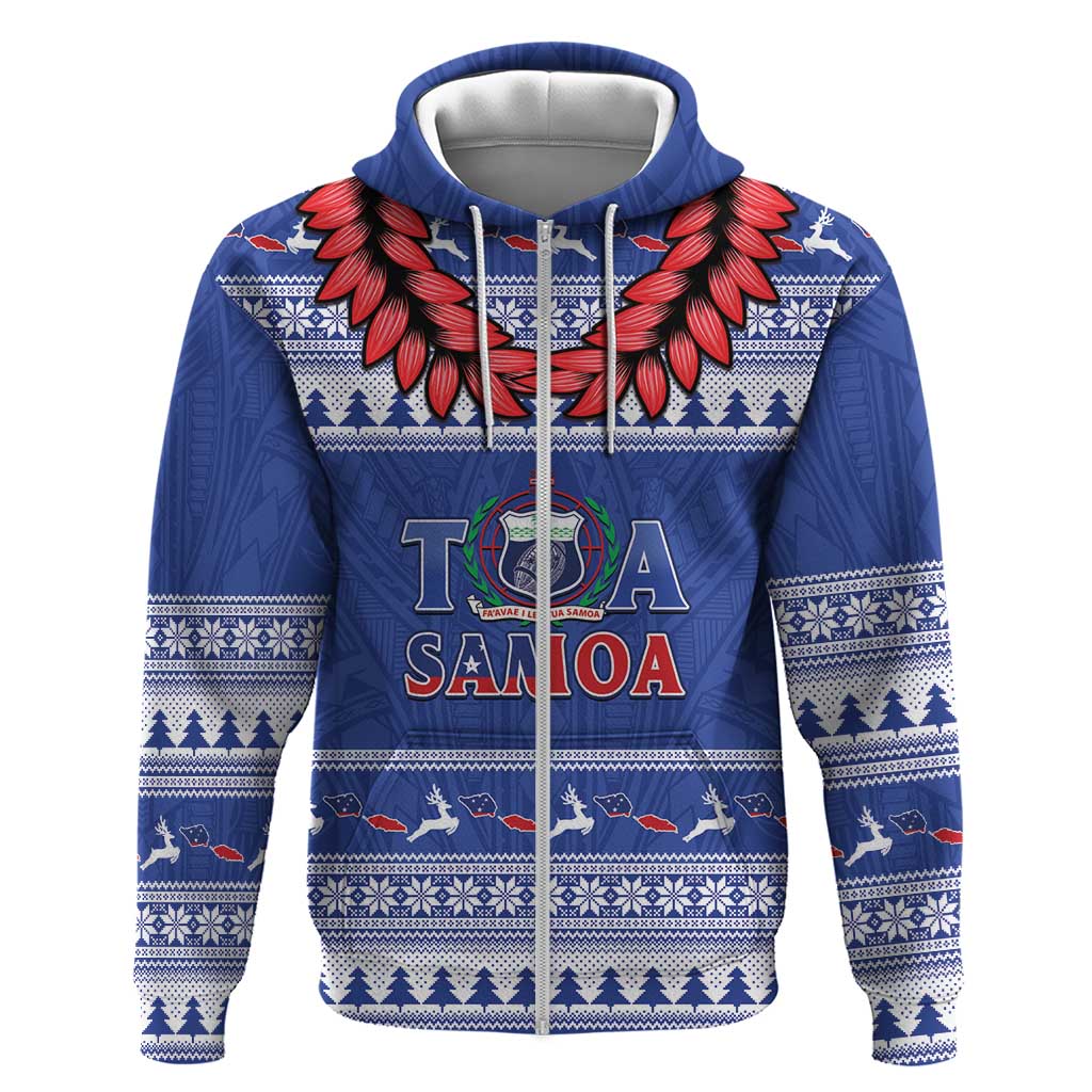Personalised Toa Samoa Rugby Christmas Zip Hoodie Ula Fala Samoan Pattern Blue - Polynesian Pride