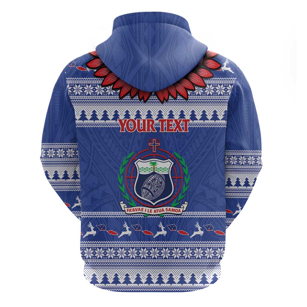 Personalised Toa Samoa Rugby Christmas Zip Hoodie Ula Fala Samoan Pattern Blue - Polynesian Pride