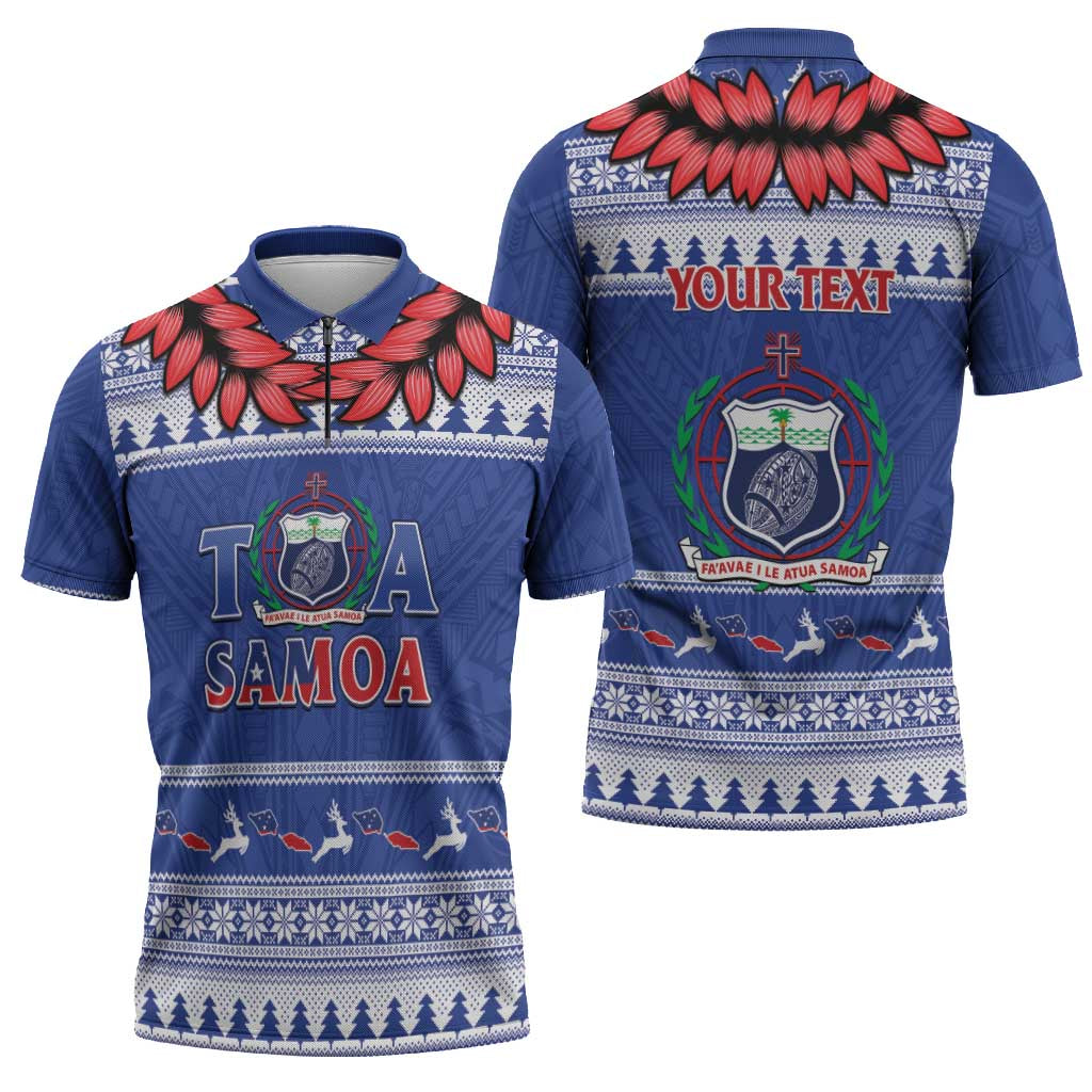Personalised Toa Samoa Rugby Christmas Zipper Polo Shirt Ula Fala Samoan Pattern Blue - Polynesian Pride