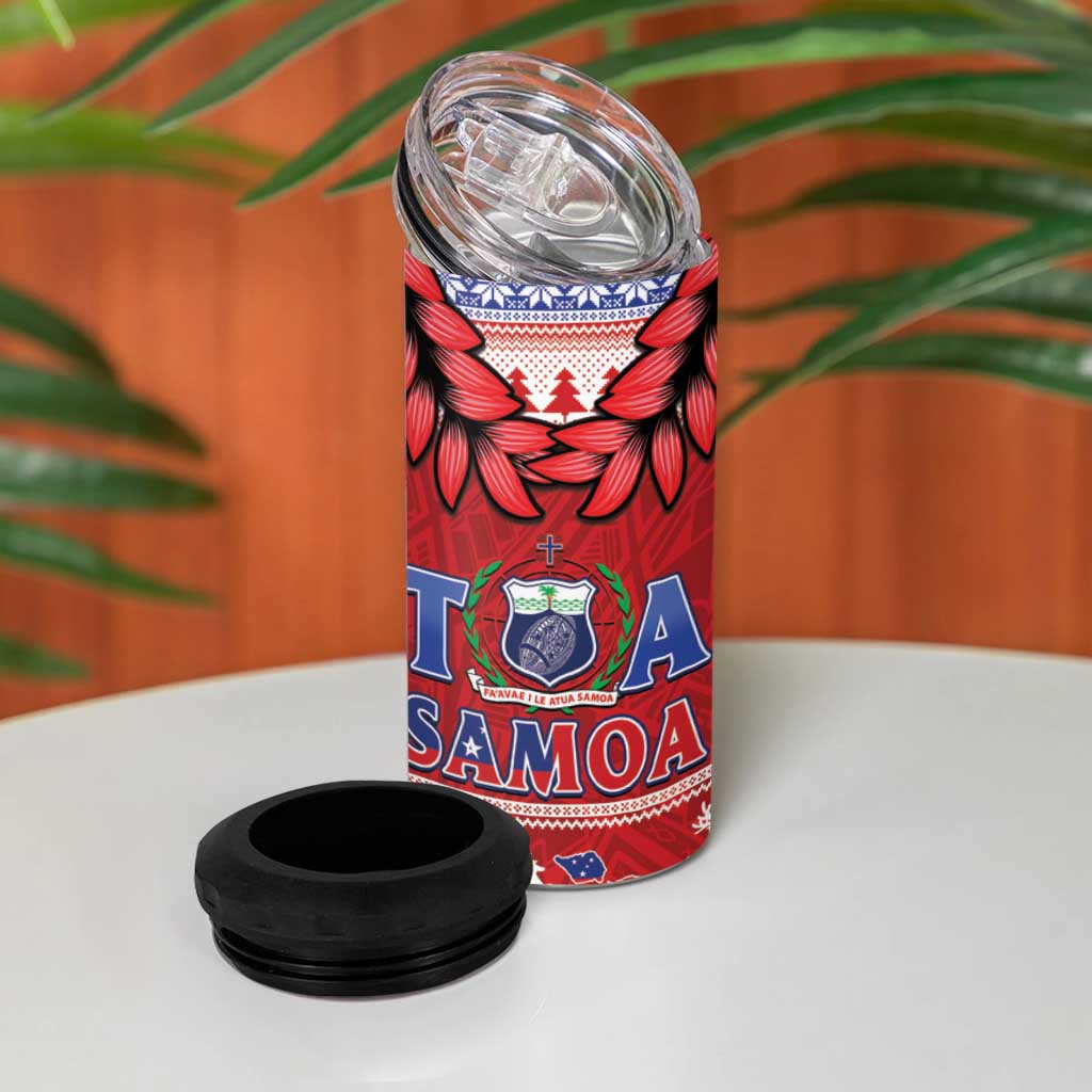 Toa Samoa Rugby Christmas 4 in 1 Can Cooler Tumbler Ula Fala Samoan Pattern Red - Polynesian Pride