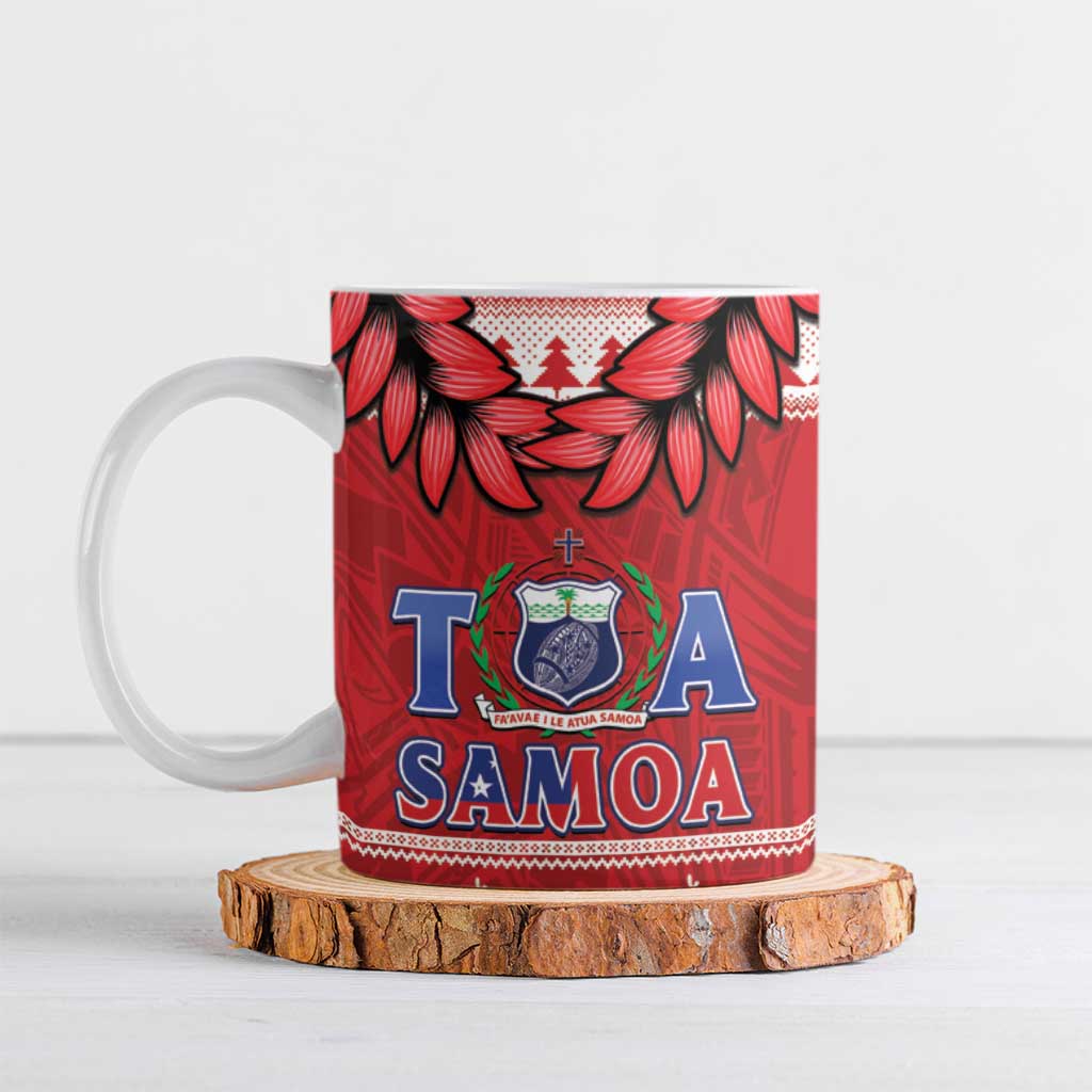 Toa Samoa Rugby Christmas Ceramic Mug Ula Fala Samoan Pattern Red - Polynesian Pride