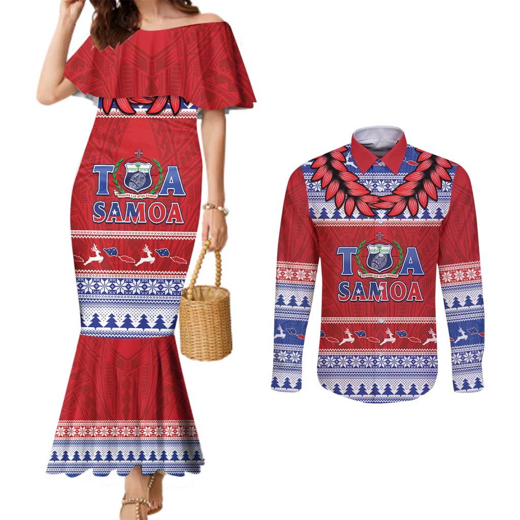 Personalised Toa Samoa Rugby Christmas Couples Matching Mermaid Dress and Long Sleeve Button Shirt Ula Fala Samoan Pattern Red - Polynesian Pride