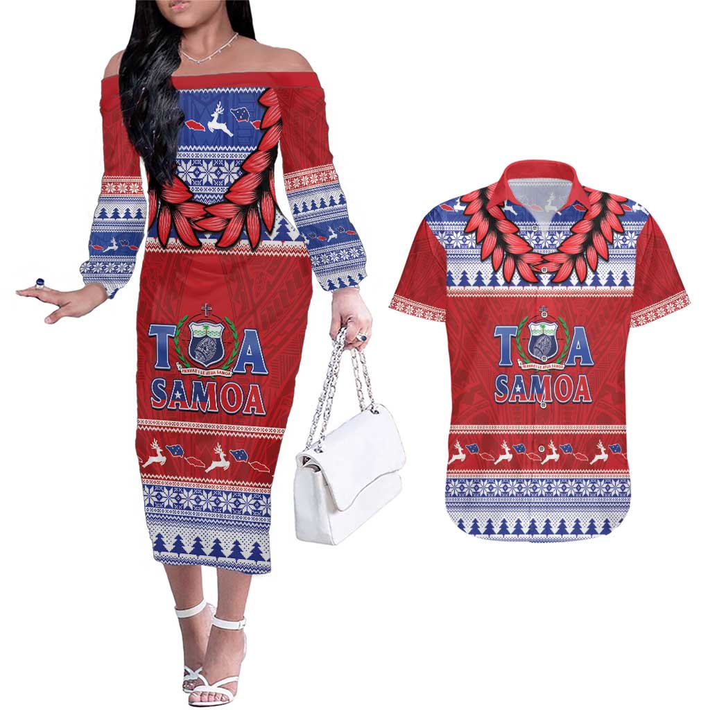 Personalised Toa Samoa Rugby Christmas Couples Matching Off The Shoulder Long Sleeve Dress and Hawaiian Shirt Ula Fala Samoan Pattern Red - Polynesian Pride