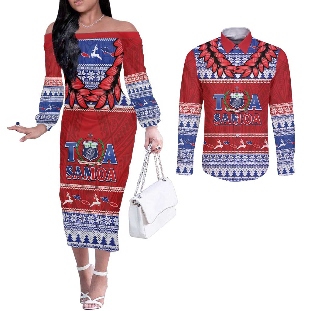 Personalised Toa Samoa Rugby Christmas Couples Matching Off The Shoulder Long Sleeve Dress and Long Sleeve Button Shirt Ula Fala Samoan Pattern Red - Polynesian Pride