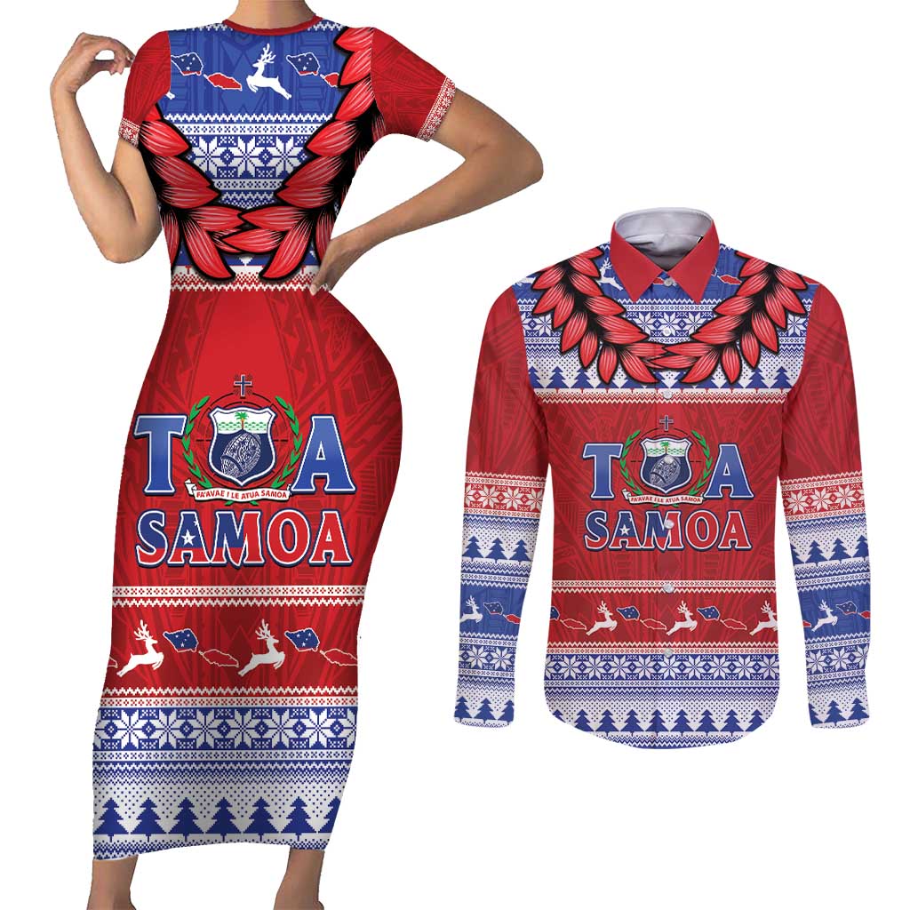 Personalised Toa Samoa Rugby Christmas Couples Matching Short Sleeve Bodycon Dress and Long Sleeve Button Shirt Ula Fala Samoan Pattern Red - Polynesian Pride