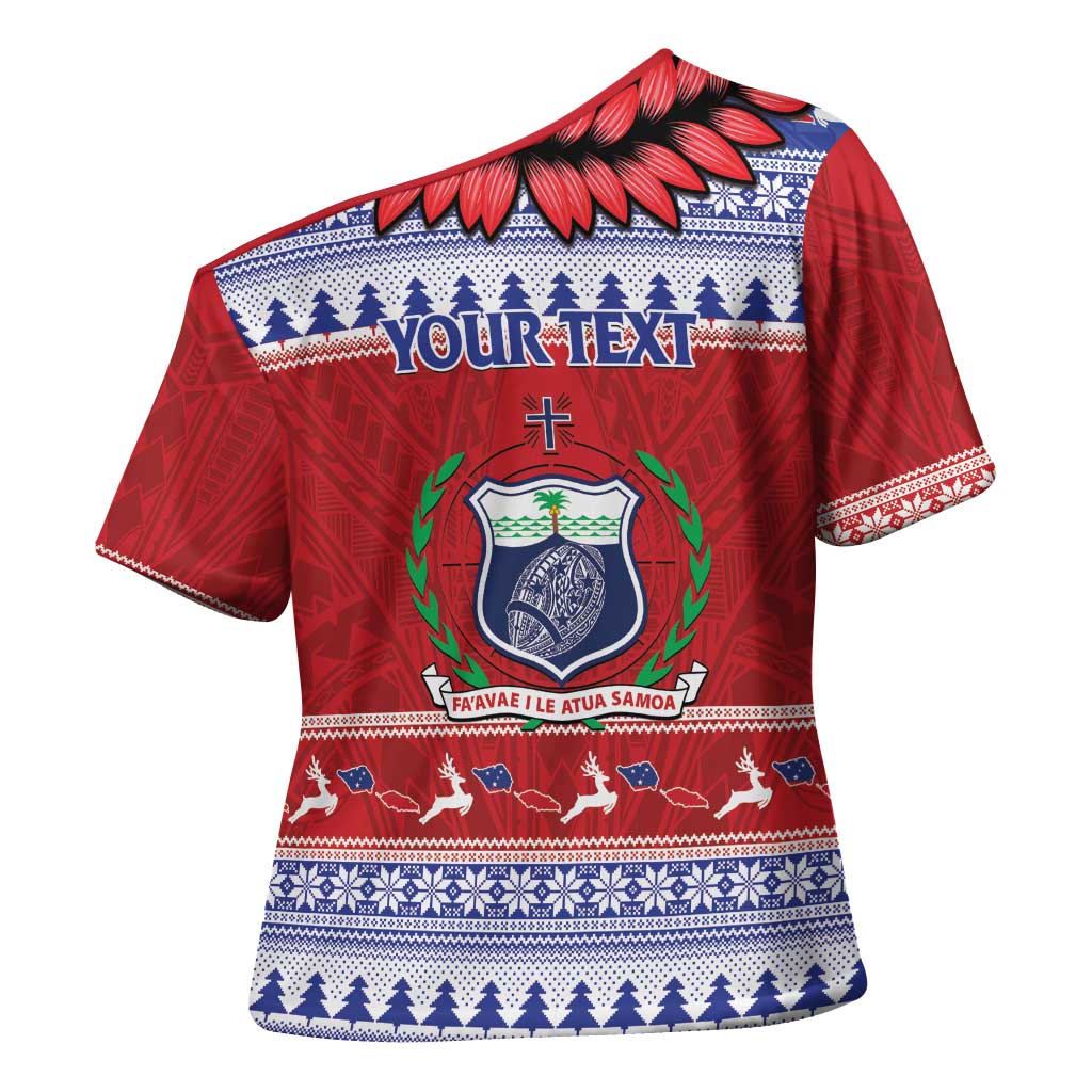 Personalised Toa Samoa Rugby Christmas Cross Shoulder Shirt Ula Fala Samoan Pattern Red - Polynesian Pride