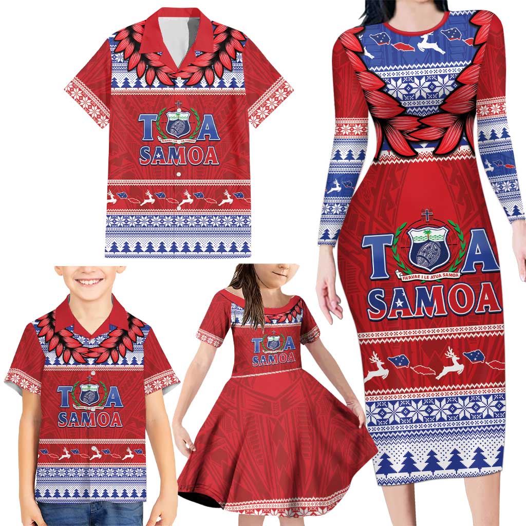 Personalised Toa Samoa Rugby Christmas Family Matching Long Sleeve Bodycon Dress and Hawaiian Shirt Ula Fala Samoan Pattern Red - Polynesian Pride
