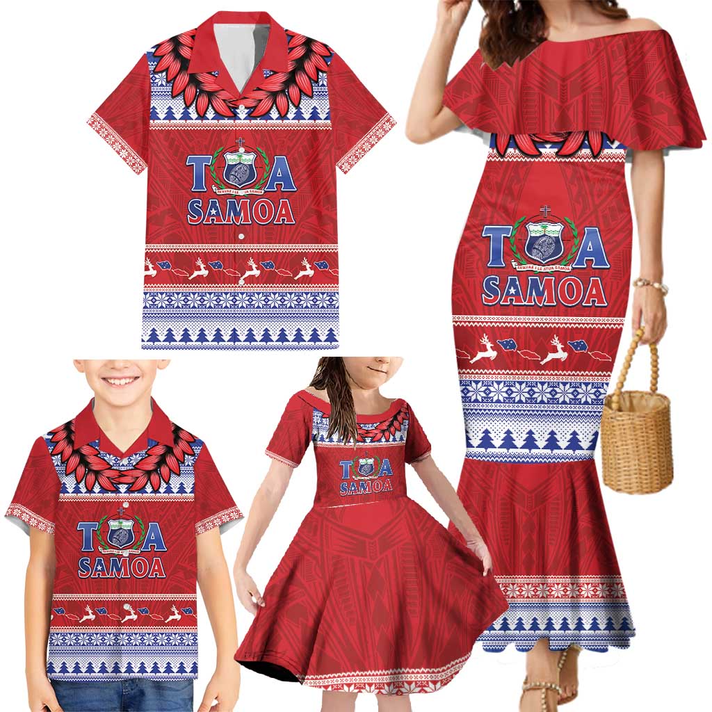 Personalised Toa Samoa Rugby Christmas Family Matching Mermaid Dress and Hawaiian Shirt Ula Fala Samoan Pattern Red - Polynesian Pride