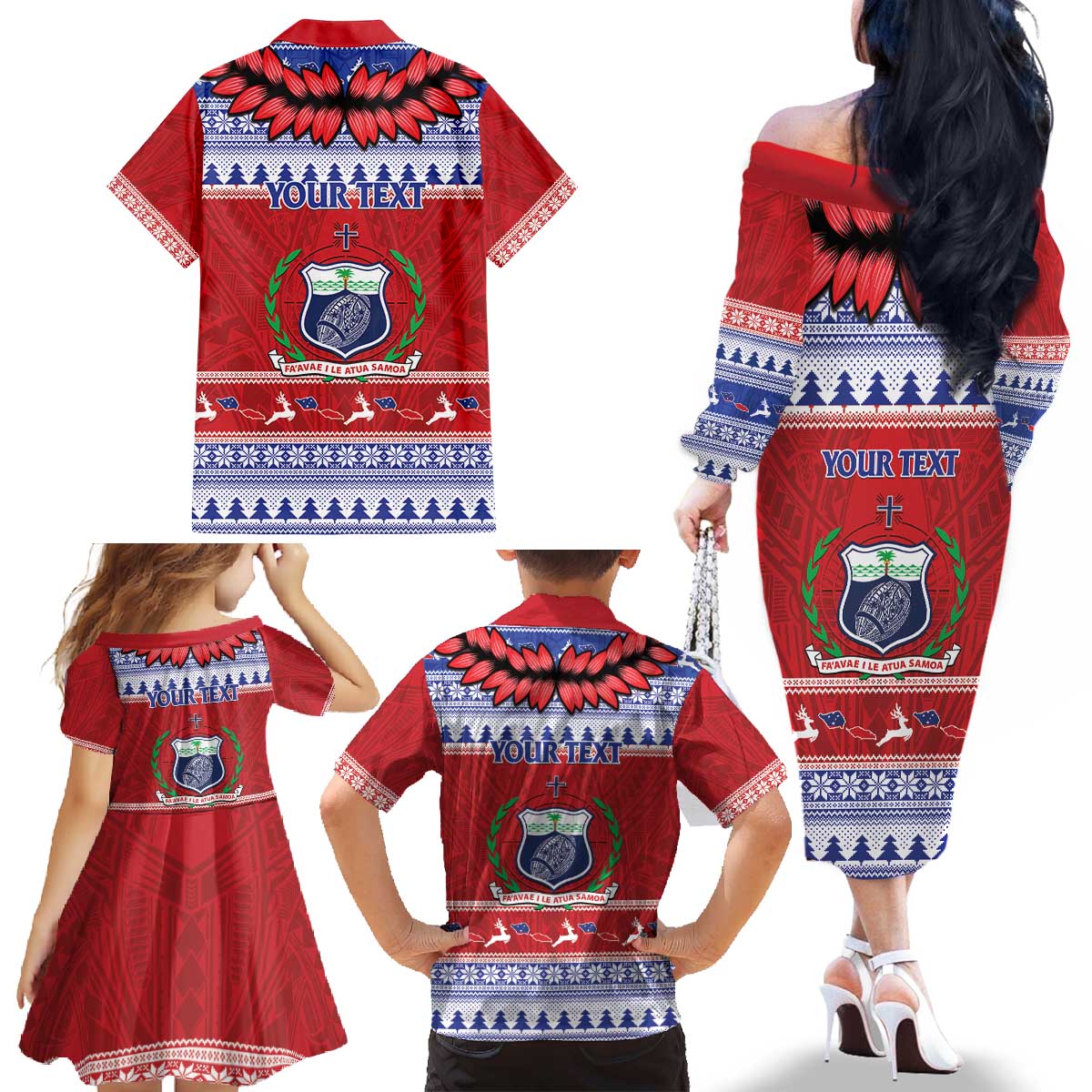 Personalised Toa Samoa Rugby Christmas Family Matching Off The Shoulder Long Sleeve Dress and Hawaiian Shirt Ula Fala Samoan Pattern Red - Polynesian Pride