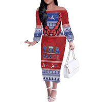 Personalised Toa Samoa Rugby Christmas Family Matching Off The Shoulder Long Sleeve Dress and Hawaiian Shirt Ula Fala Samoan Pattern Red - Polynesian Pride