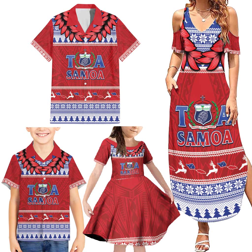 Personalised Toa Samoa Rugby Christmas Family Matching Summer Maxi Dress and Hawaiian Shirt Ula Fala Samoan Pattern Red - Polynesian Pride