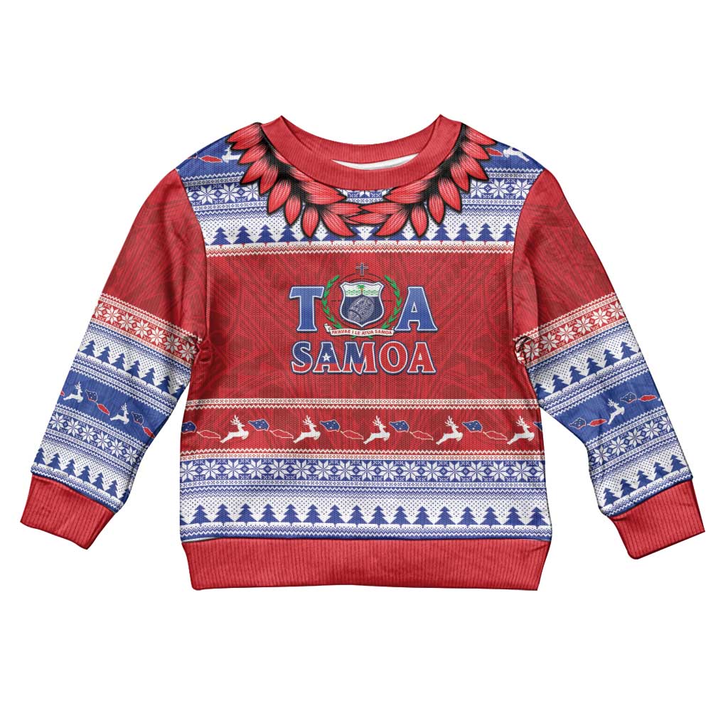Personalised Toa Samoa Rugby Christmas Kid Ugly Christmas Sweater Ula Fala Samoan Pattern Red - Polynesian Pride