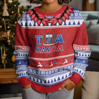 Personalised Toa Samoa Rugby Christmas Kid Ugly Christmas Sweater Ula Fala Samoan Pattern Red - Polynesian Pride