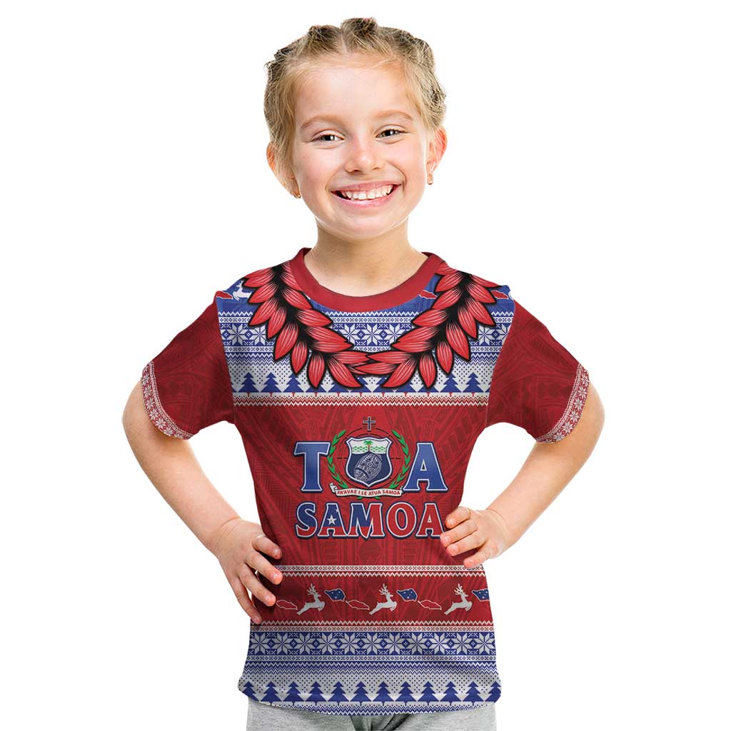 Personalised Toa Samoa Rugby Christmas Kid T Shirt Ula Fala Samoan Pattern Red - Polynesian Pride