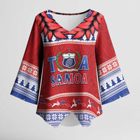 Personalised Toa Samoa Rugby Christmas Kimono Sleeve Blouse Ula Fala Samoan Pattern Red - Polynesian Pride