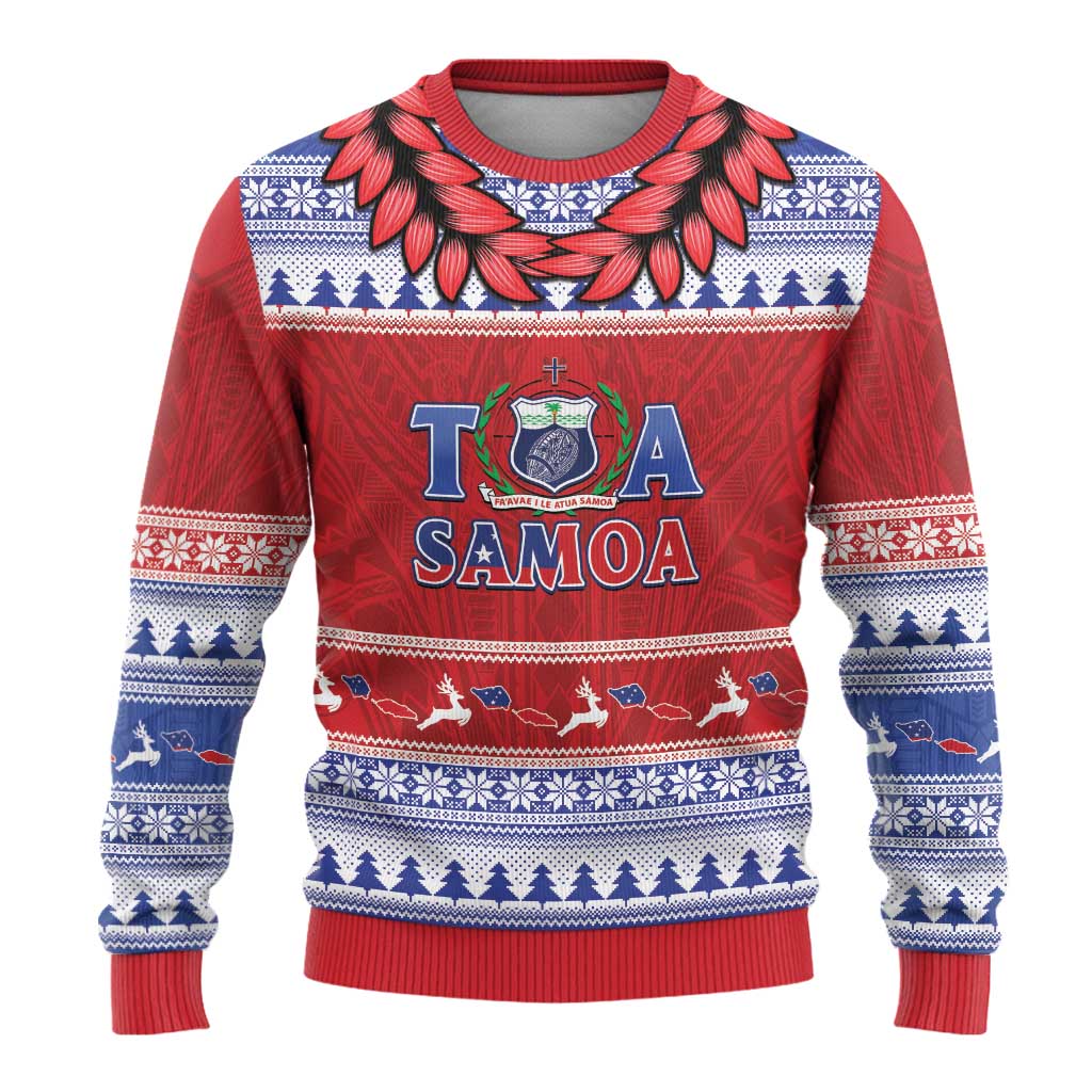 Personalised Toa Samoa Rugby Christmas Ugly Christmas Sweater Ula Fala Samoan Pattern Red - Polynesian Pride