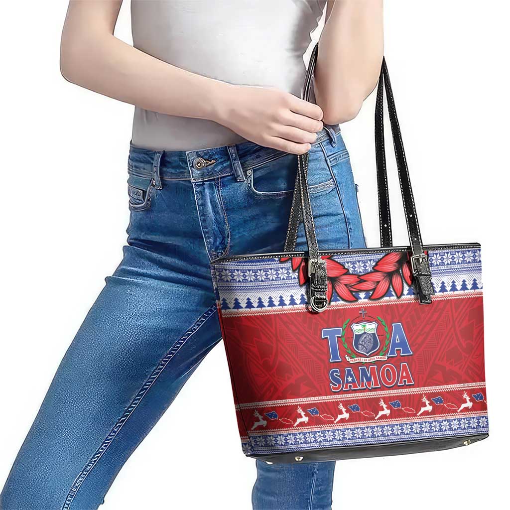 Toa Samoa Rugby Christmas Leather Tote Bag Ula Fala Samoan Pattern Red - Polynesian Pride